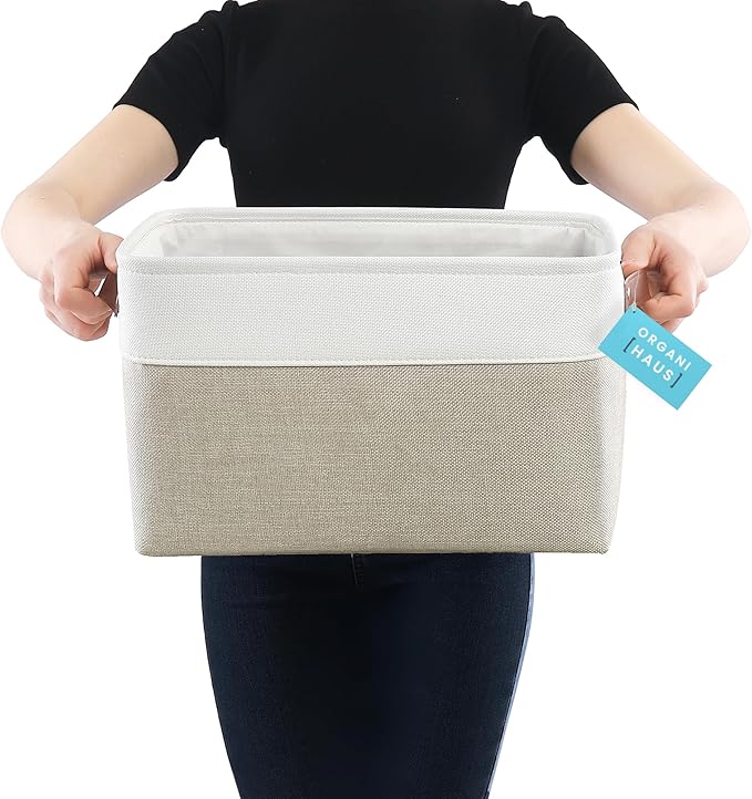 OrganiHaus Large Fabric Storage Baskets for Shelves 3 Pack, 15x11in Closet Storage Bins for Shelves, Cloth Baskets for Organizing, Linen Closet Organizers, Fabric Basket, Beige/White