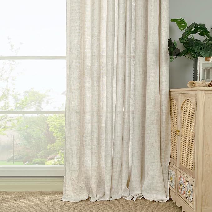 YoungsTex Extre Long Linen Curtains 102 Inch Length for Living Room, Semi Sheer Window Drapes with Rod Pocket Back Tab Light Filtering for Farmhouse Bedroom, 2 Panels, 52 X 102 Inch
