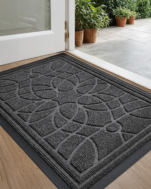 DEXI Front Door Mat Outside Entrance, Heavy Duty Non Slip Low Profile Doormat for Entryway, Trap Dirt and Moisture Welcome Mats, Easy Clean, Patio, Garage, 3x2, Grey