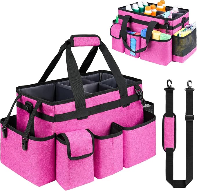 Cleaning Caddy Bag,Large Cleaning Supplies Organizer with Handle for Housekeepers,Red