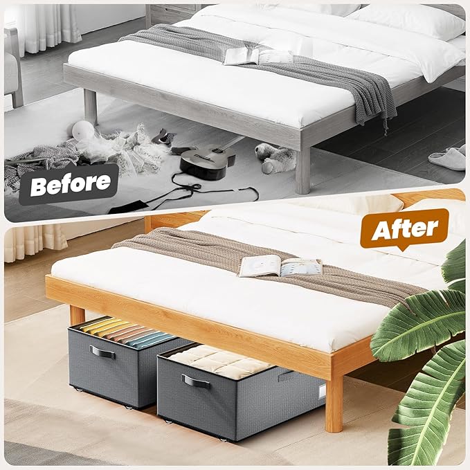Underbed Storage with Wheels, 2 Pack Under Bed Storage Containers with Clear Lids, No Assembly Required 10.1 inch Rolling Under Bed Storage for Clothes, Grey