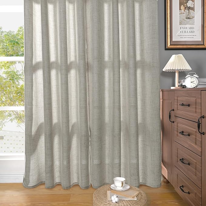 YoungsTex Dark Grey Linen Curtains 80 Inch Length for Living Room, Light Filtering Semi Sheer Window Drapes Rod Pocket Back Tab Curtain for Bedroom Office Rustic Privacy, 2 Panels, 52 X 80 Inch