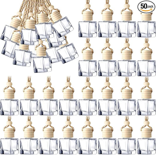 BBTO 50 Pcs Hanging Car Air Freshener Car Diffuser Bottles Empty Glass Perfume Bottle Freshener Diffuser Bottle Pendant for Essential Oil Fragrance Aromatherapy Bottle Ornament(Cube)