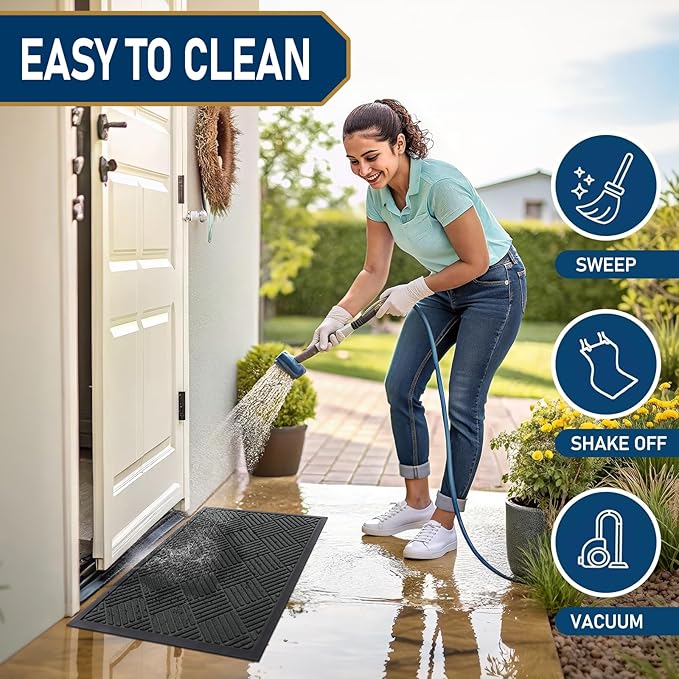 Smiry Front Door Mat Outside Entrance, Heavy Duty Outdoor Indoor Natural Rubber Doormat, Non Slip, Trap Dirt and Moisture, Easy Clean, Low Profile Patio Porch Entryway Mat, 47x17, Black