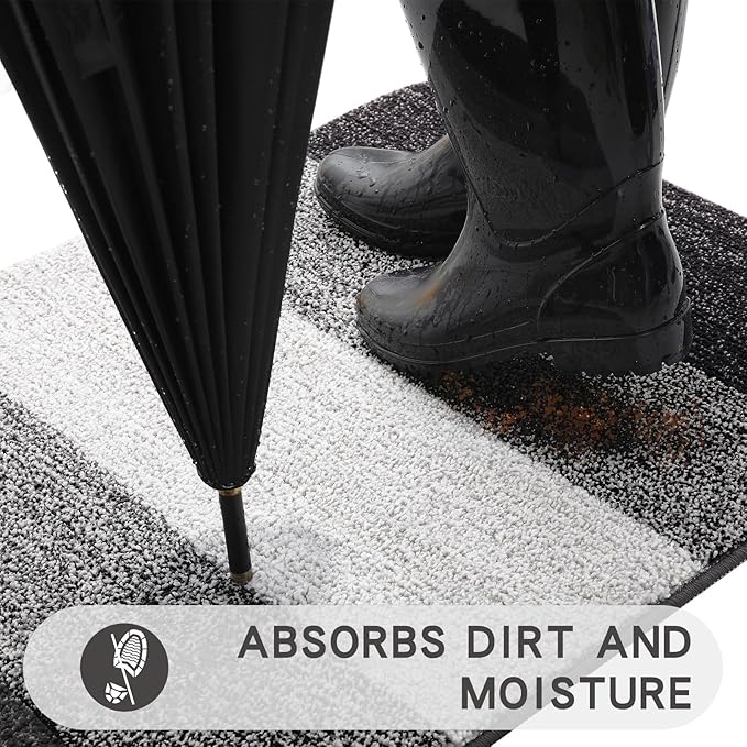 Kitinjoy Indoor Outdoor Door Mat, 24x16 Non-Slip Absorbent Dirt Trapper, Low-Profile Washable Inside Entrance Front Floor Mat, Sturdy Soft Entry Doormats for Entryway, Grey