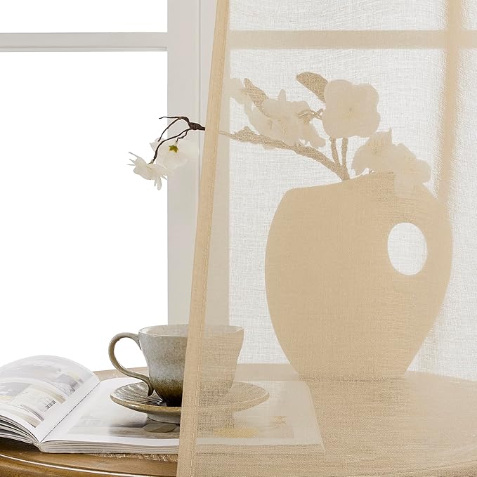 Tollpiz Sheer Door Curtains Closet Linen Textured Curtain Sheers Doorway Light Filtering Voile Patio Glass Door Rod Pocket Curtains French Door, 54 x 80 inches Long, Beige, Set of 1 Panel