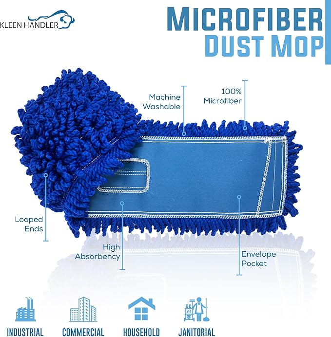 KLEEN HANDLER 6 Pack of 18 Inch Microfiber Dust Mop, Large Washable Commercial Mop Head Replacement, Sweeper, Janitorial Dust Mops, Blue
