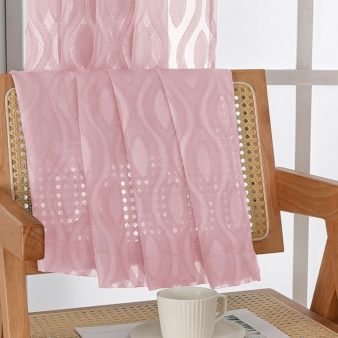 Aiyufeng Pink Sheer Curtains 2 Panels 54 Inch Length, Soft Lightweight Clip Jacquard Textured Blush Curtains for Bedroom Living Room, Modern Wavy Line Solid Voile Sheer Drapes, 40" Wx54 L Inches