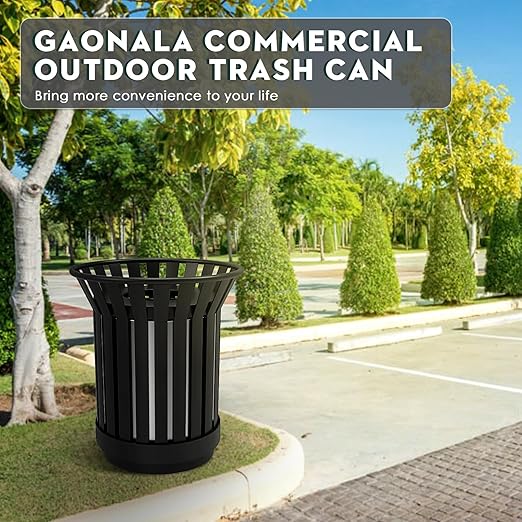 8Gallon Round Large Outdoor Trash Can, Heavy Duty Metal Slatted Garbage Can Outdoor, All Weather Resistant Commercial Garbage Cans, Waste Receptacle in Park, School, Beach, Patio (Black, Medium)