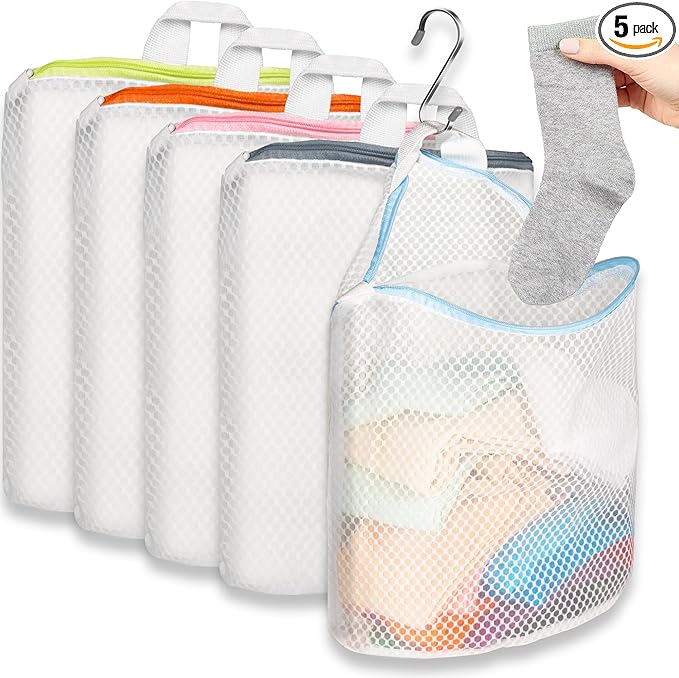5Pcs Hanging Laundry Bags for Socks with S Hooks,12 X 10 inch 5 Color Mesh Laundry Bags for Washing Machine