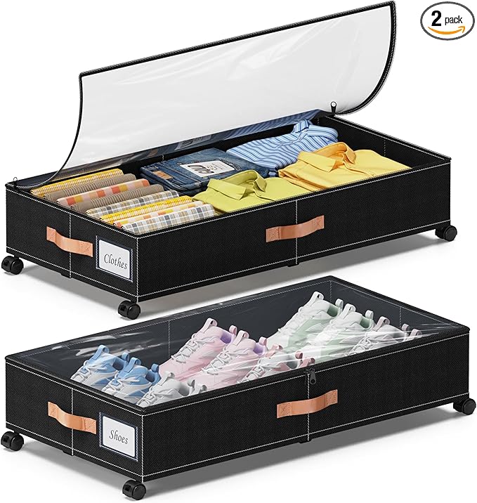 Under Bed Storage with Wheels, 2-Pack Under Bed Storage Containers with Clear Lids, XXL 65L Under the bed storage Organizer Bins, Rolling Under Bed Metal Drawer for Clothes,Shoes,Toys (Black, 2-Pack)
