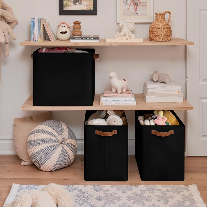 GRANNY SAYS Large Storage Baskets, Closet Storage Bins, Collapsible Storage Bin, Fabric Storage Bins with Metal Frame, Clothes Baskets for Shelves, Towels, Black, 50L, 3-Pack