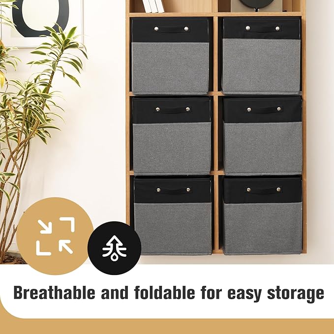 13 x 13 Inch Fine Linen Storage Bins with Handles，Fabric Cube Boxs，Collapsible Basket Organizers for Shelves for Home, Closet Drawers (Black/Gray-6 Pack)