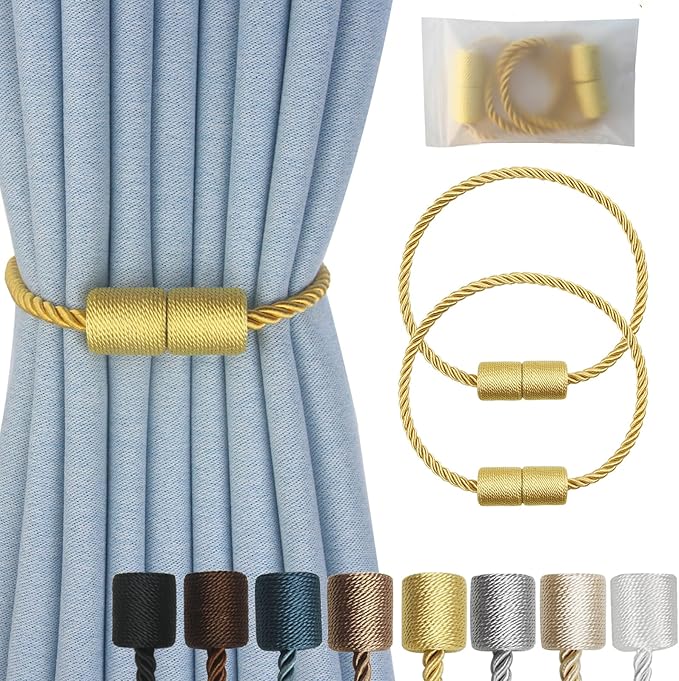 Magnetic Curtain Tiebacks 2 Pack Gold Curtain Rope Tieback Curtain Holders for Drapes Modern Tie Backs Decorative Curtain Holdbacks