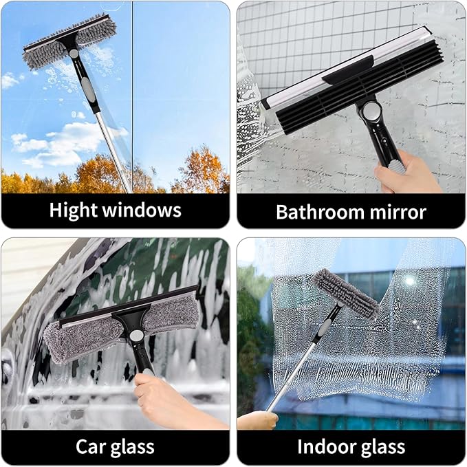 Professional 72'' Window Squeegee Cleaning Washing Tool/Kit with Extension Pole, 3 in 1 Squeegee for Window Cleaning Kit for High Window with 1 Rotatable Head 4 Interchangeable Scrubber