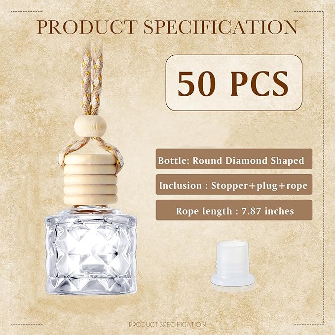 BBTO 50 Pcs Hanging Car Air Freshener Car Diffuser Bottles Empty Glass Perfume Bottle Freshener Diffuser Bottle Pendant for Essential Oil Fragrance Aromatherapy Bottle Ornament(Diamond)