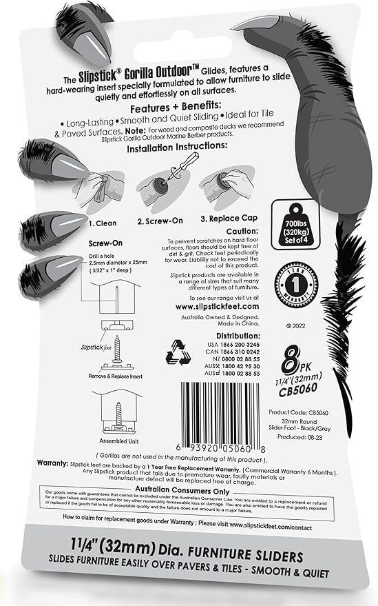 Gorilla Outdoor 1-1/4 Inch Furniture Sliders/Chair Glide Floor Protectors (Set of 8) Screw-On Nylon Furniture Glides for Sliding on Outdoor and Indoor Floors