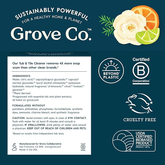 Grove Co. Tub and Tile Cleaner, Refill Concentrate (6 x 1 Fl Oz) Plant-Based Household Cleaning Supplies, No Plastic Waste, 100% Natural Orange & Rosemary Fragrance, 3 x 2 Pack Refills