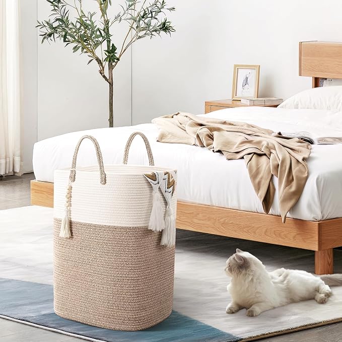 Woven Laundry Basket for Clothes, 100L Large Rectangle Laundry Hampers with Beads Tassel, Nursery Storage Basket for Toys, Tall Dirty Clothes Hamper for Bedroom Aesthetic, Laundry Room Organization