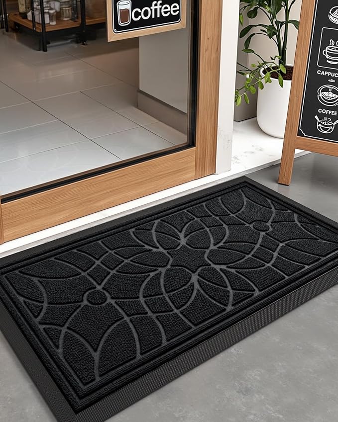 DEXI Front Door Mat Outside Entrance, Heavy Duty Non Slip Low Profile Doormat for Entryway, Trap Dirt and Moisture Welcome Mats, Easy Clean, Patio, Garage, 4x2, Black