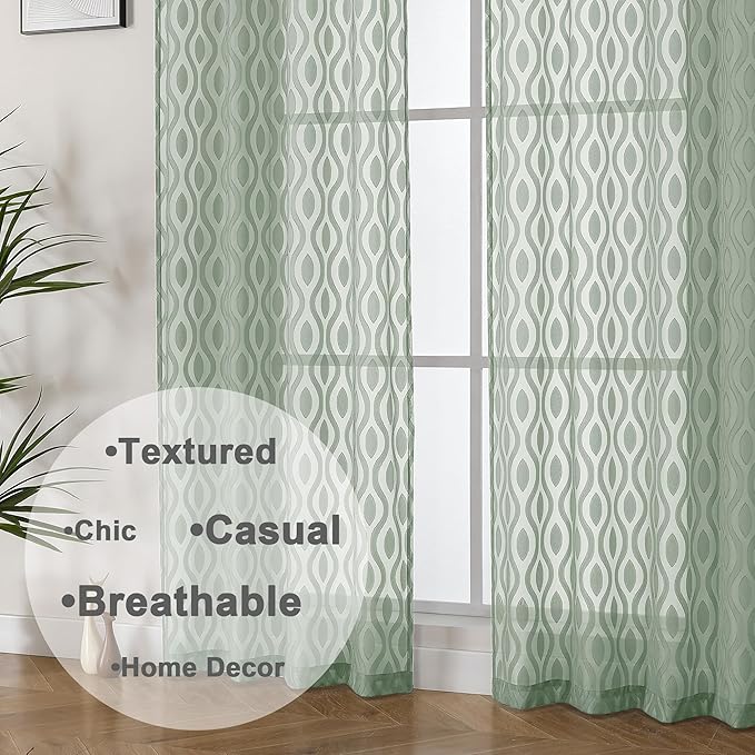 Aiyufeng Sheer Curtains 63 Inch Length 2 Panels Set, Solid Green Airy Light Filtering Voile Curtains Window Treatments for Bedroom Living Room, Modern Wavy Line Textured Curtains, 40" WX63 L Inches