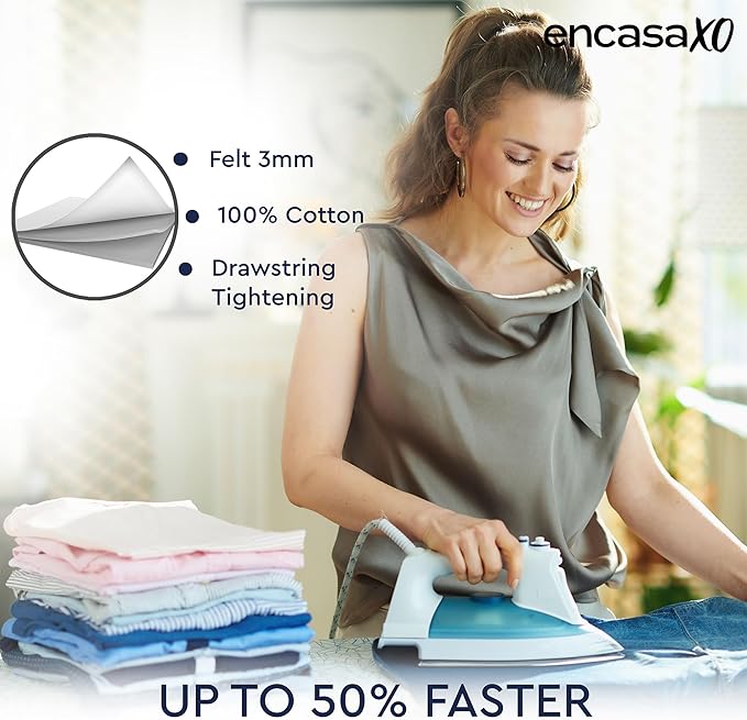 Encasa XO Ironing Board Cover and Pad 49"x18" - Thick 3mm Felt Padding, Drawstring Tightening & Lock, Easy Fit, Scorch & Stain Resistant, Fits Wide Ironing Board - Daisy Grey