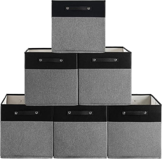 13 x 13 Inch Fine Linen Storage Bins with Handles，Fabric Cube Boxs，Collapsible Basket Organizers for Shelves for Home, Closet Drawers (Black/Gray-6 Pack)