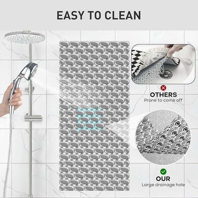 Bath Mat for Tub Non Slip Shower Mat for Elderly - 36 x 16 Inch Soft Durable Bathtub Mat Non Slip Shower Mat for Inside Shower with Suction Cups & Drain Holes, Machine Washable Easy to Cut, Dark Grey