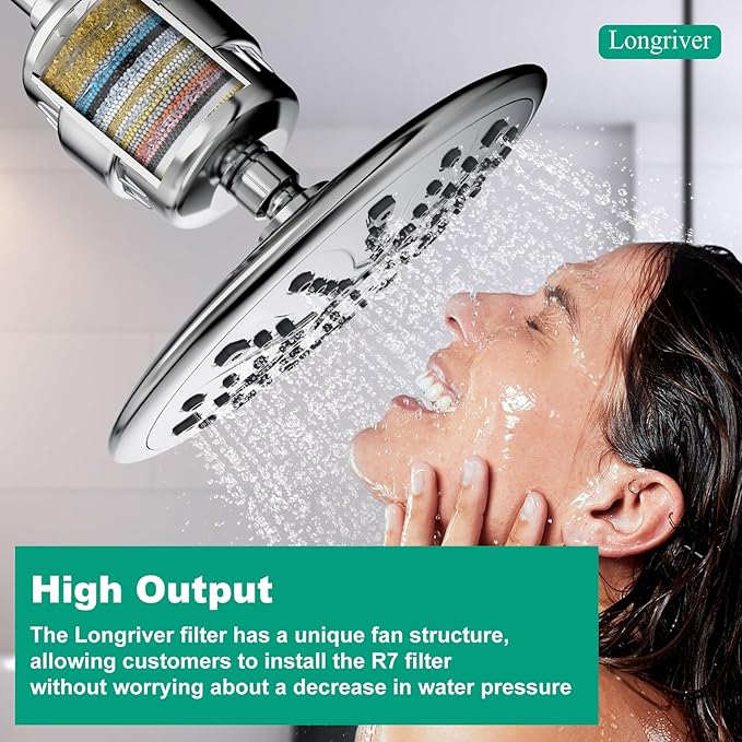 R7 Shower Filter with 3 Replacement Cartridge High Put Shower Water Filter for Hard Water 99.99% Remove Chlorine, Heavy Metals, Shower Water Softener, Improve your skin and hair, Chrome