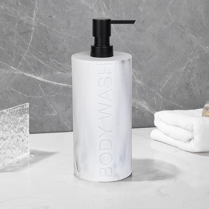 White Body Wash Dispenser Luxurious Refillable Pump Bottle with Embossed Text, Durable Construction for Bathroom and Kitchen