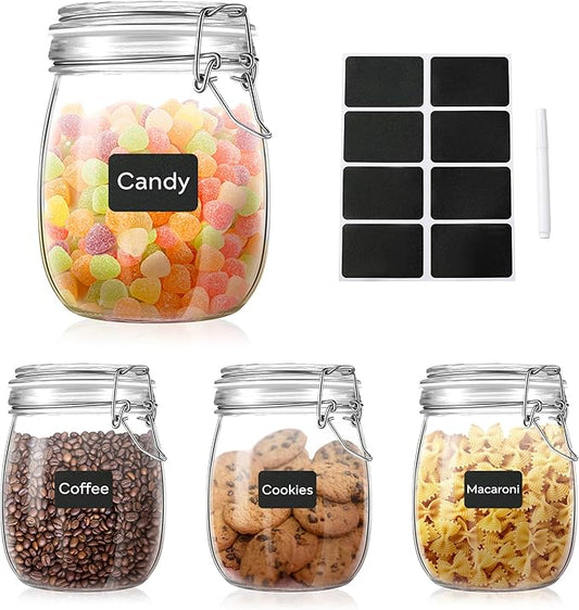 Glass Food Storage Jars with Airtight Lids 25 oz Round 4 Pack Kitchen Storage Containers Cabinet Canisters Sealed Pot Canning for Pasta, Cereal, Coffee, Beans, Spice