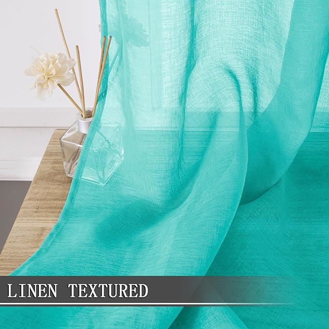 Tollpiz Sheer Tier Curtains Kitchen Linen Textured Half Curtain Sheers Light Filtering Rod Pocket Voile Bathroom Short Curtains for Farmhouse, 25 x 30 inches Long, Aqua Blue, Set of 2 Panels