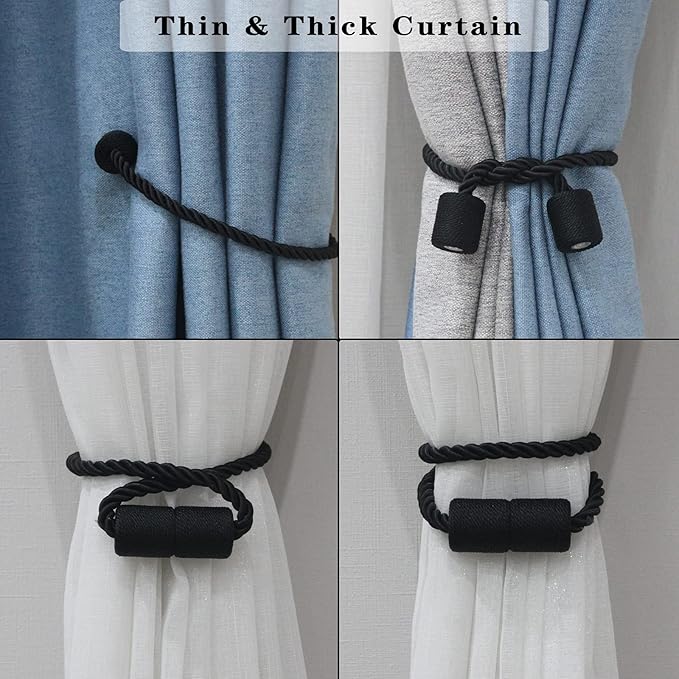 2 Pack Black Strong Magnetic Curtain Tiebacks Outdoor Elegant Decorative Tie Backs Modern Rope Tiebacks for Drapes Window Curtain Holdbacks for Draperies