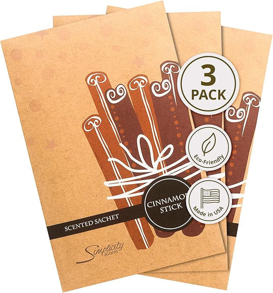Simplicity Scents Cinnamon Sticks Scented Sachets Pack of 3, Fall & Winter - Long-Lasting Scented Bags, Home Fragrance, Air Freshener & Deodorizer for Closet, Room, Drawer, or Cars, Made in The USA