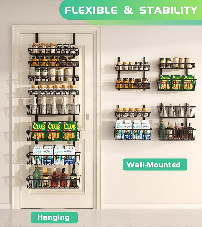 Over The Door Pantry Organizer, Pantry Organization and Storage, 8-Tier Deep Baskets Hanging Heavy-Duty Metal, Wall Spice Rack Seasoning Shelves for Home & Kitchen, Laundry Room Bathroom, Black