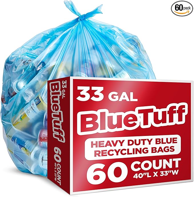 Heavy-Duty Blue Recycling Bags, 60-Pack Blue Garbage Bags For Recycling | 33-Gallon Capacity| Commercial, Industrial or Home Use