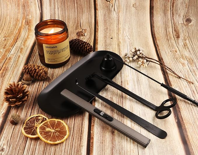 5IN1 Candle Accessory Set, Candle Wick Trimmer Cutter, Candle Snuffer & Candle Wick Dipper,Electric Lighter,Storage Tray Plat & Bag for Aromatherapy Candle Lover (Black)