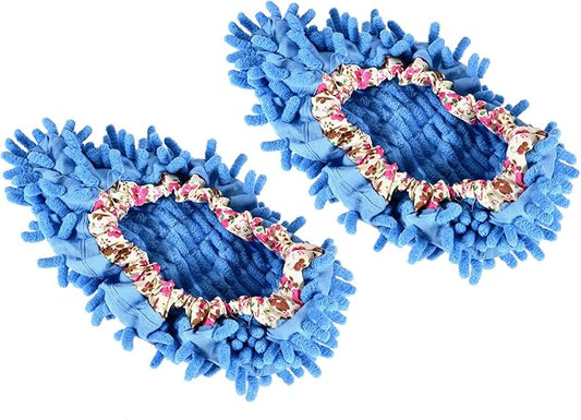 1 Pair Washable Cleaning Shoes Cover - Floor Cleaning Dust, Chenille Microfiber Duster Mop Slippers, Apply to House Office Room (Blue)