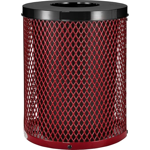 Global Industrial Outdoor Diamond Steel Trash Can with Flat Lid and Plastic Liner, 36 Gallon Capacity, Red, Thermoplastic Coating, 23-1/2" Diameter, 30" H