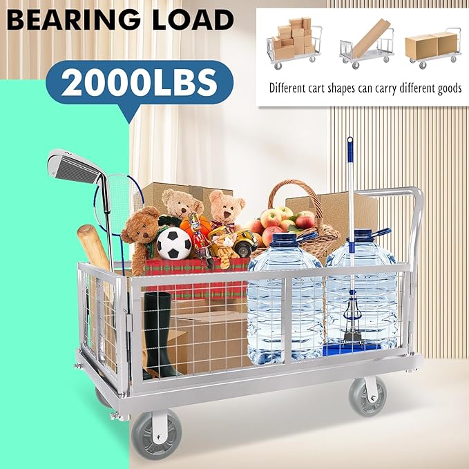 4-in-1 Platform Truck Cart with Cage, Multi-Purpose Heavy Duty Steel Flatbed Cart with 2200lbs Capacity Platform Hand Truck 6" Wheels Push Cart Dolly for Groceries, Garage, Warehouse (41“L x 24" W)