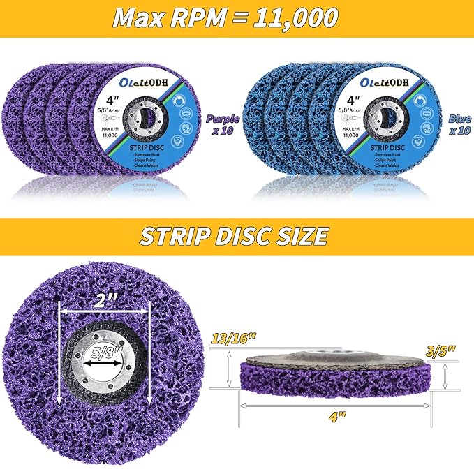 20 Pcs 4" x 5/8" Strip Discs Bulk, Paint Stripping and Rust Removal Wheels for Angle Grinders, Abrasive Grinding Discs for Metal, Wood, and Fiberglass, Blue+ Purple