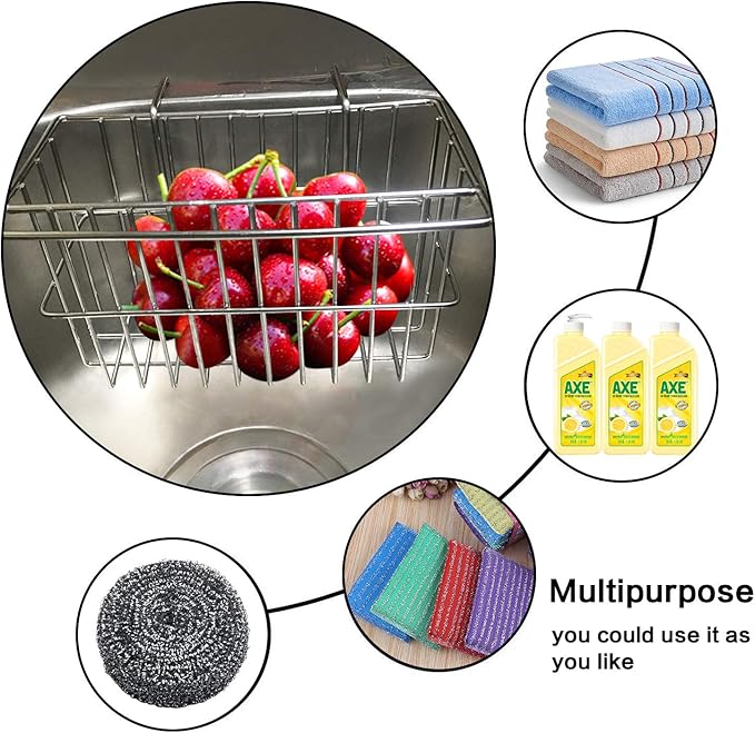 Kitchen Sponge Holder, Dish Brush Holder, Slim Sink Organization/Draining Basket/Liquid Drainer/Water Trough Rack, Kitchen Essential Tools, 304-Stainless Steel (Silver)