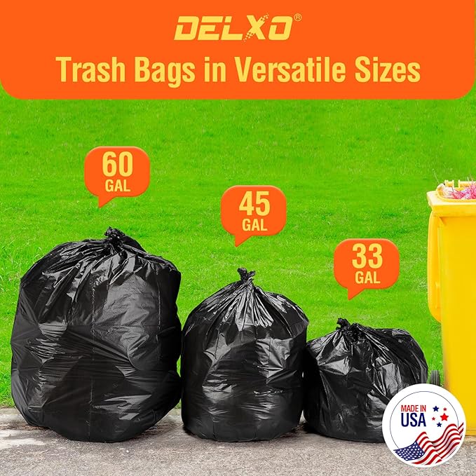 Delxo 55-60 Gallon Black Trash Bags, 100 Count – 0.9 Mil Medium Duty Garbage Bags, Thick, Durable & Puncture-Resistant Plastic, Perforated Design – Made in USA for Kitchen, Yard, Office & Party