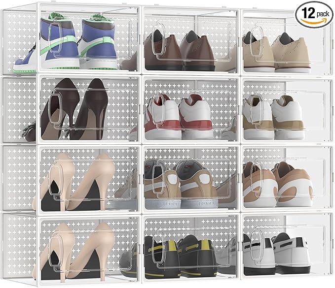 12 Pack X-Large Modular Clear Plastic Stackable Shoe Storage Organizer for Closet, Portable Space Saving Versatile Sneaker Shoe Rack Containers Bins Holders, White0303