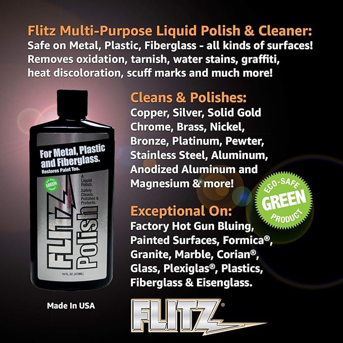 Flitz Multi Purpose Metal Polish Liquid - 16oz Bottle of USA-Made Tarnish Remover - For Aluminum, Chrome, Brass, Nickel, Silver - Non-Abrasive Metal Cleaner and Polish, Restorer (1 Pack)
