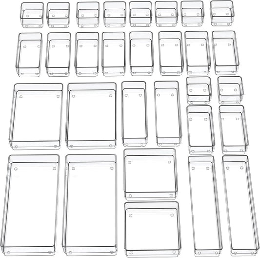SMARTAKE 30-Piece Drawer Organizer with Non-Slip Silicone Pads, 7-Size Desk Drawer Organizer Trays Storage Tray for Makeup, Jewelries, Utensils in Bedroom Dresser, Office and Kitchen (Clear)