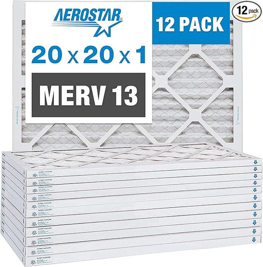 Aerostar 20x20x1 MERV 13-12 Count - Pleated Furnace & Air Conditioner Filters - Removes Bacteria, Dust, Cold & Flu Germs, Lint, Mold, Pet Dander, Allergy-Causing Pollen, Smog, Smoke & Viruses