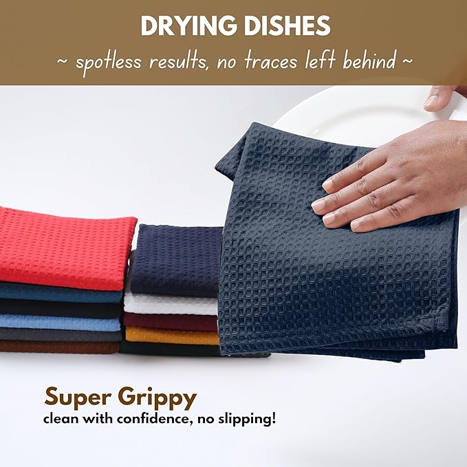Native Fab Cotton Kitchen Towel with Hanging Loop 16x26 inches, 6-Pack, Waffle Weave Kitchen Towels for Cleaning Drying, Washcloths Soft & Absorbent Cloth Rags, Bar Towel, Dish Cloth, Navy