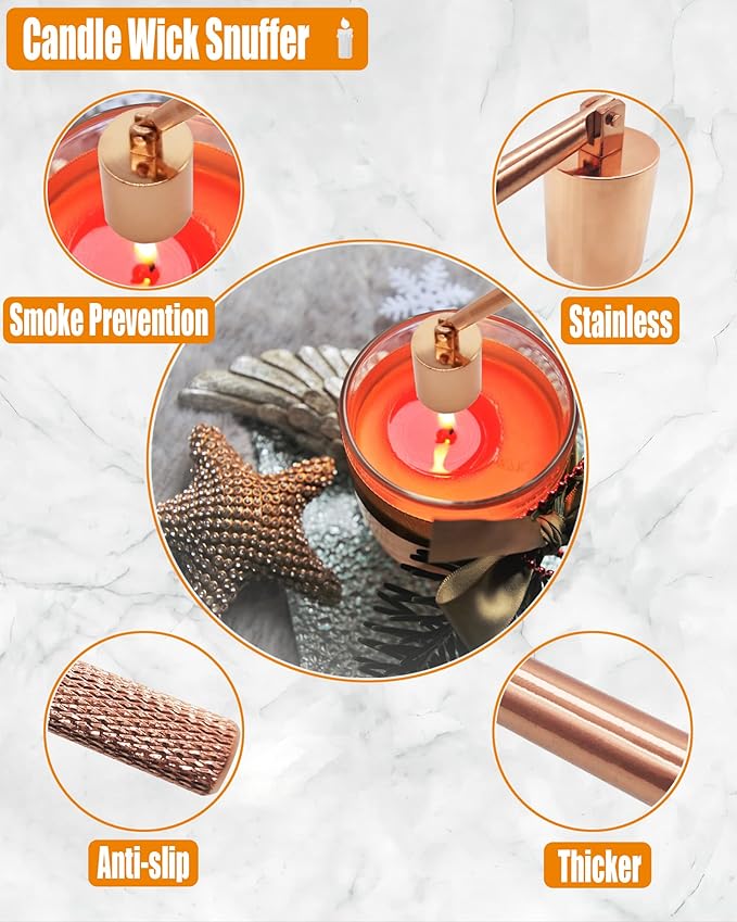4 in1 Candle Accessory Set with Storage Tray Plate, Candle Wick Trimmer, Candle Wick Snuffer, Candle Wick Dipper, Great for Scented Candles Lovers (Rose Gold)