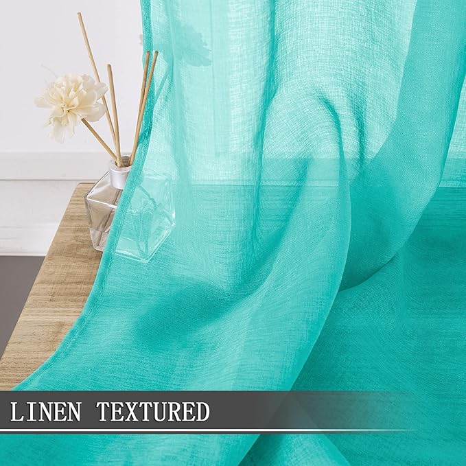 Tollpiz Short Sheer Curtain Linen Textured Living Room Curtains Sheer Light Filtering Rod Pocket Voile Curtain for Bedroom, 42 x 54 inches Long, Aqua Blue, Set of 2 Panels
